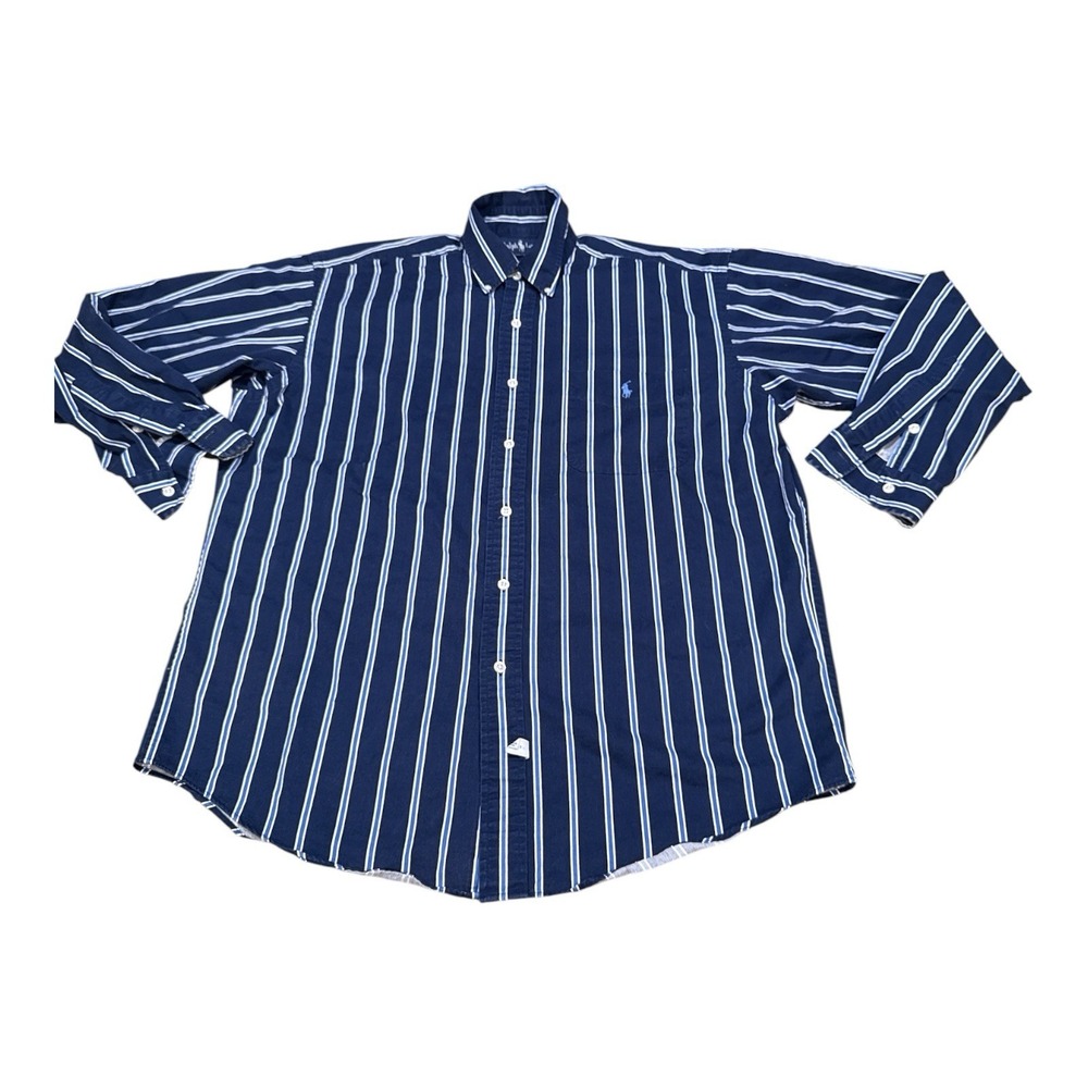 VINTAGE Ralph Lauren Shirt Mens Medium Blue White Vertical Striped Button Up 90s